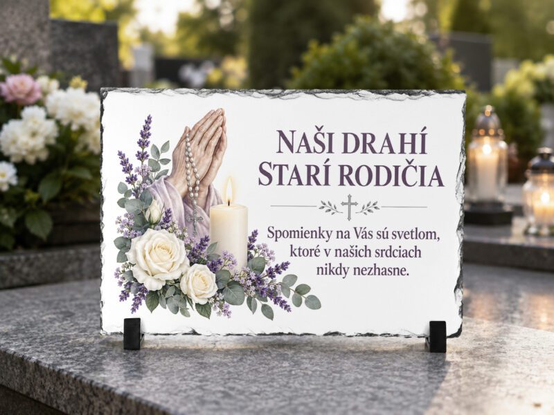 Domov 6 Personalizovaný spomienkový kameň Naši drahí starí rodičia – ruženec, sviečka a levanduľa