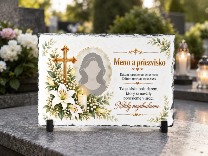 Domov 6 Personalizovaný spomienkový kameň z bridlice – Zlatý kríž a biele ľalie 30 × 20 cm