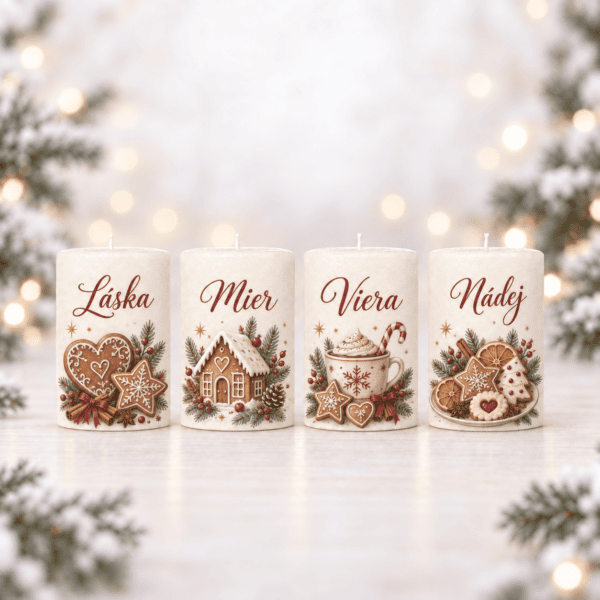 Domov 6 Adventné sviečky Medovníkové Vianoce – Láska, Mier, Viera a Nádej, sada 4 ks
