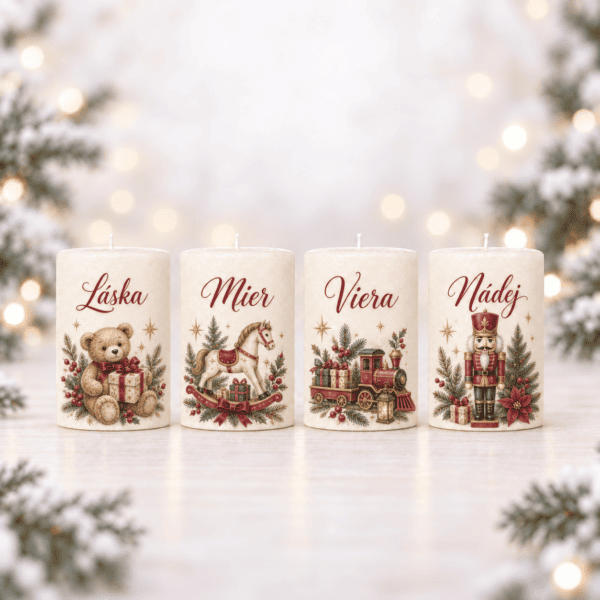 Domov 11 Adventné sviečky Čaro detských Vianoc – Láska, Mier, Viera a Nádej, sada 4 ks