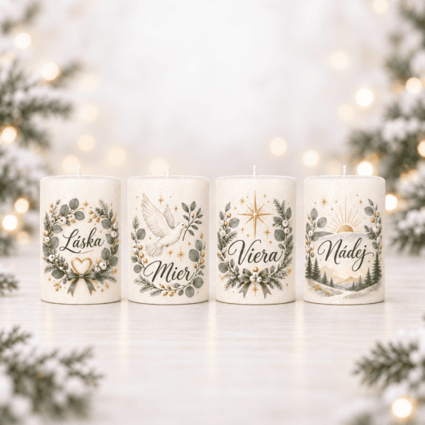 Adventné sviečky Zelená harmónia – Láska, Mier, Viera a Nádej, sada 4 ks