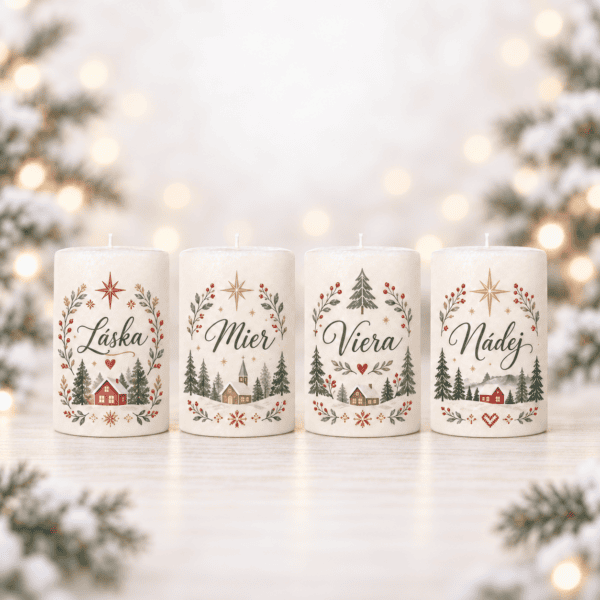 Domov 19 Adventné sviečky Vianočná dedinka – Láska, Mier, Viera a Nádej, sada 4 ks