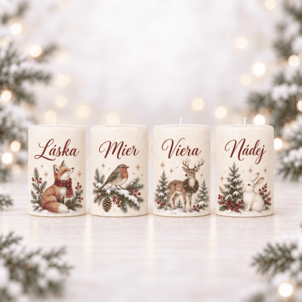 Domov 12 Adventné sviečky Zimní priatelia – Láska, Mier, Viera a Nádej, sada 4 ks