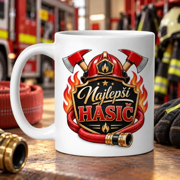 Hrnček Najlepší hasič s motívom hasičskej prilby a sekier – 300 ml