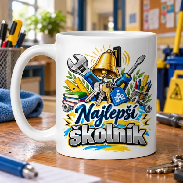 Hrnček Najlepší školník s motívom náradia a školského zvončeka – 300 ml