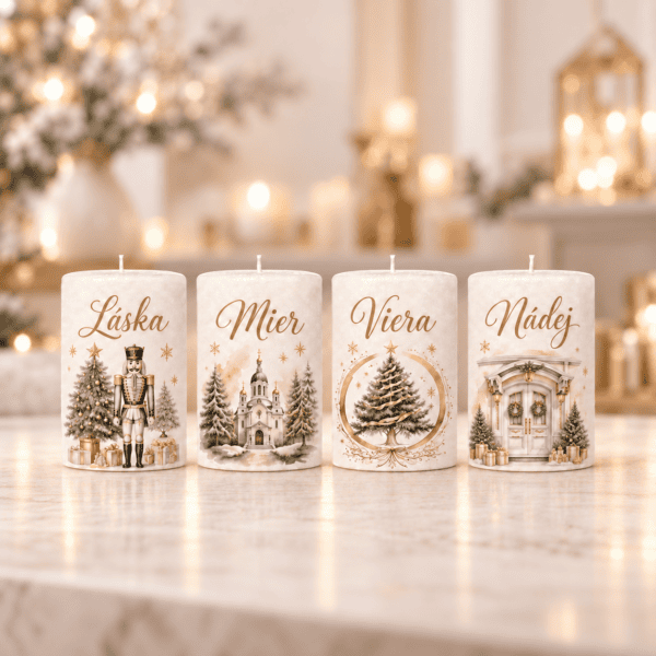 Domov 6 Adventná sada sviečok Zlaté Vianoce – Láska, Mier, Viera a Nádej | 4 ks